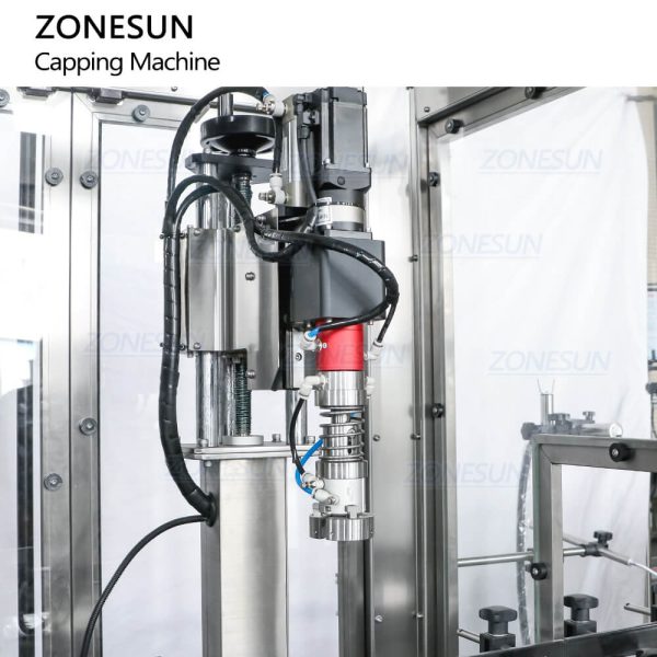 ZONESUN ZS-XG441F Automatic HDPE Jerry Can F-style Jug Gallon Bottle Screw Capping Machine With Cap Elevator Feeder For Engine Oil Chemical Liquid Supply