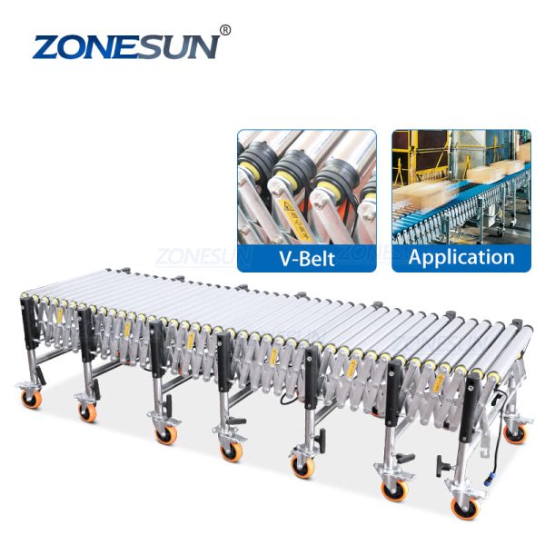 ZONESUN ZS-FCV600 Automatic Powered Flexible V-ribbed Telescopic Roller Expendable Conveyor For Paper Carton Boxes Online Hot Sale