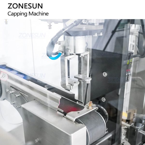 ZONESUN ZS-XG441F Automatic HDPE Jerry Can F-style Jug Gallon Bottle Screw Capping Machine With Cap Elevator Feeder For Engine Oil Chemical Liquid Supply